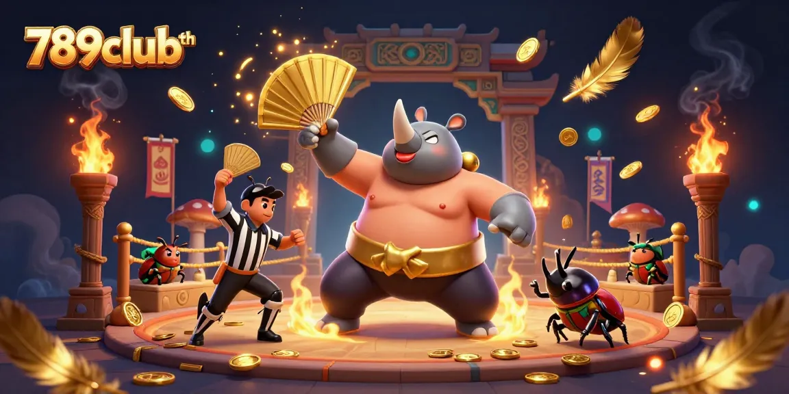 Experience exciting wins with 789clubth as the powerful sumo champion beetle sends coins flying in an epic casino scene.