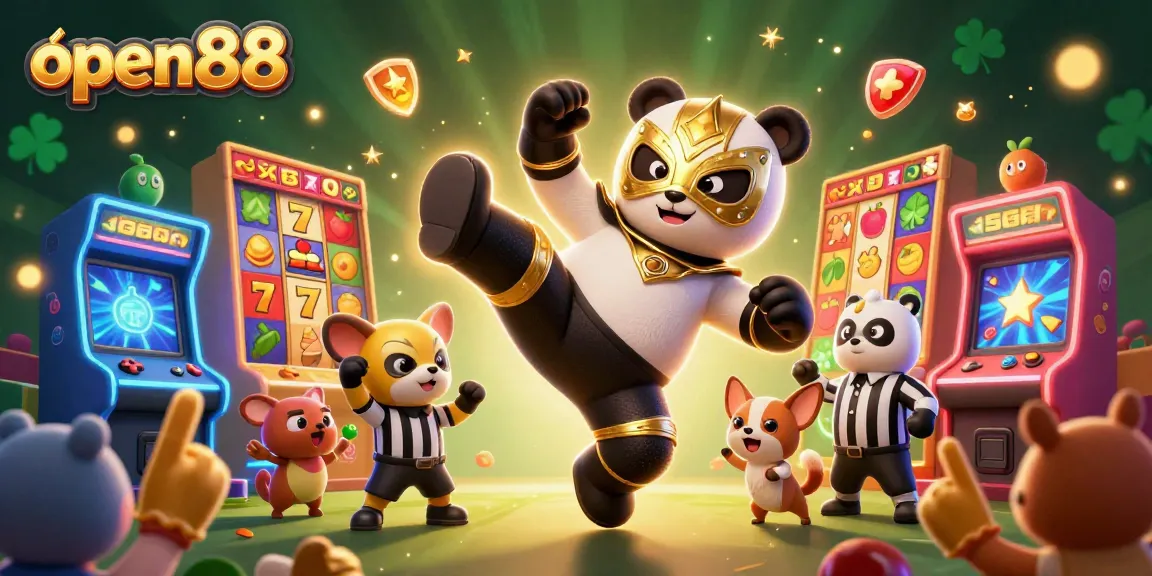 Experience big wins at open88 with vibrant slot reels, golden tokens, and cheering animal spectators!