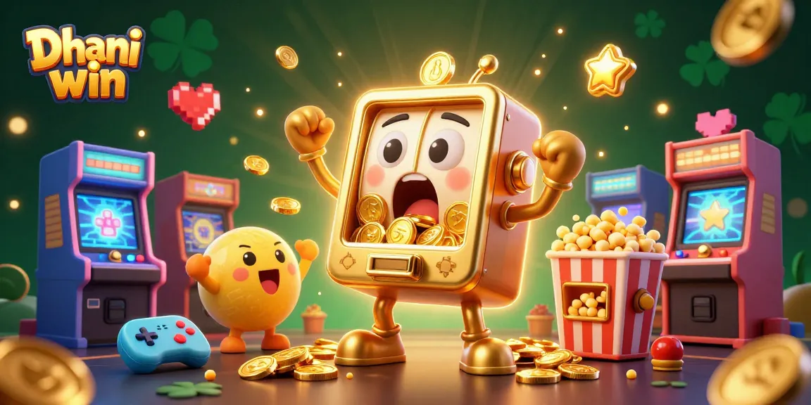 Dhani win exciting slot game with a golden slot machine celebrating a jackpot alongside cheering baby machines.