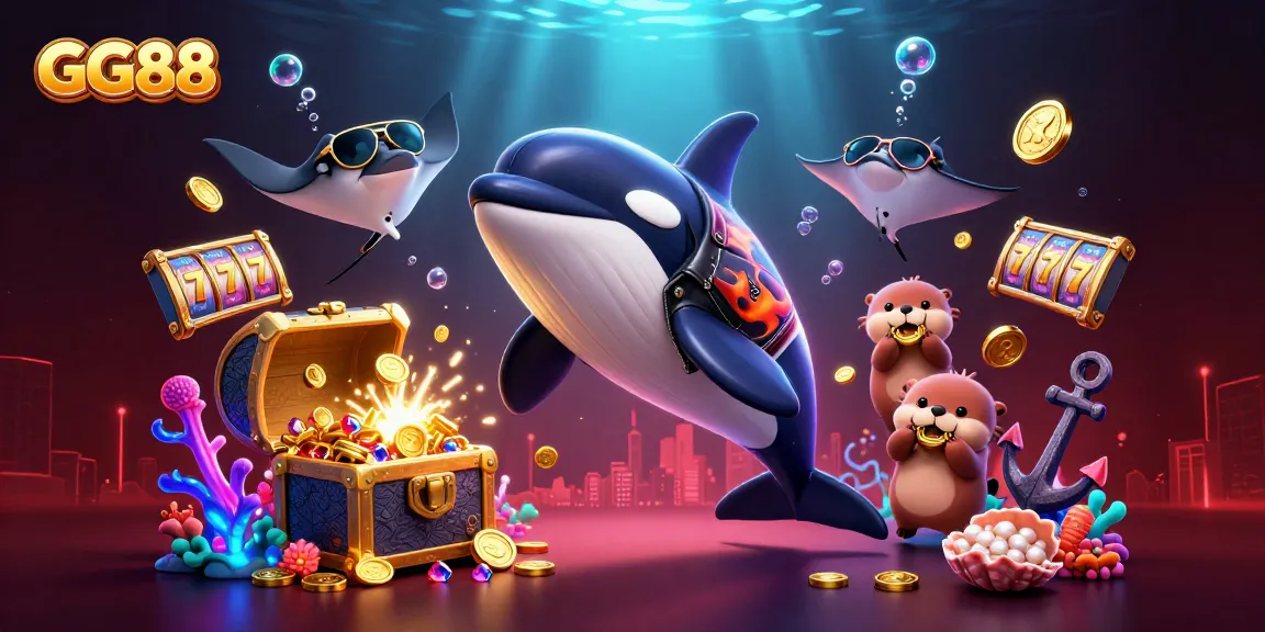 Enjoy thrilling wins with GG88 as a playful orca jumps into a vibrant casino scene.
