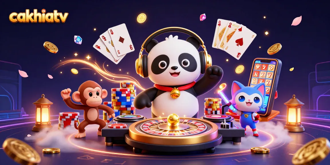 Cakhiatv showcases a lively casino scene with a DJ panda, breakdancing monkey, and rave kitten celebrating wins.