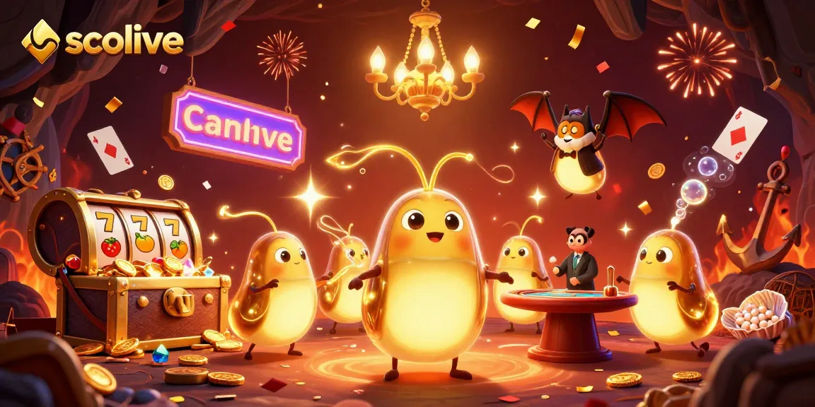 Socolive illuminates a vibrant casino scene with golden glowworms, engaging in dynamic gameplay.