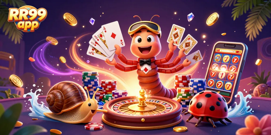 Experience the excitement of the RR99 app with dynamic casino elements in this vibrant 3D illustration.