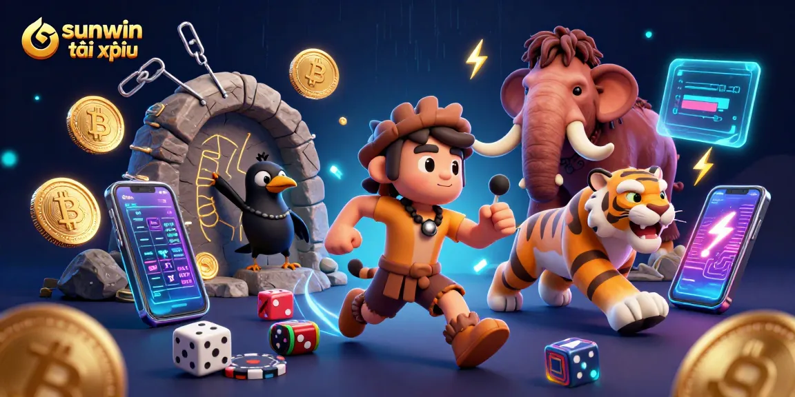 Engage in thrilling sunwin tài xỉu gaming with a dynamic prehistoric casino scene featuring cartoon characters and crypto elements.