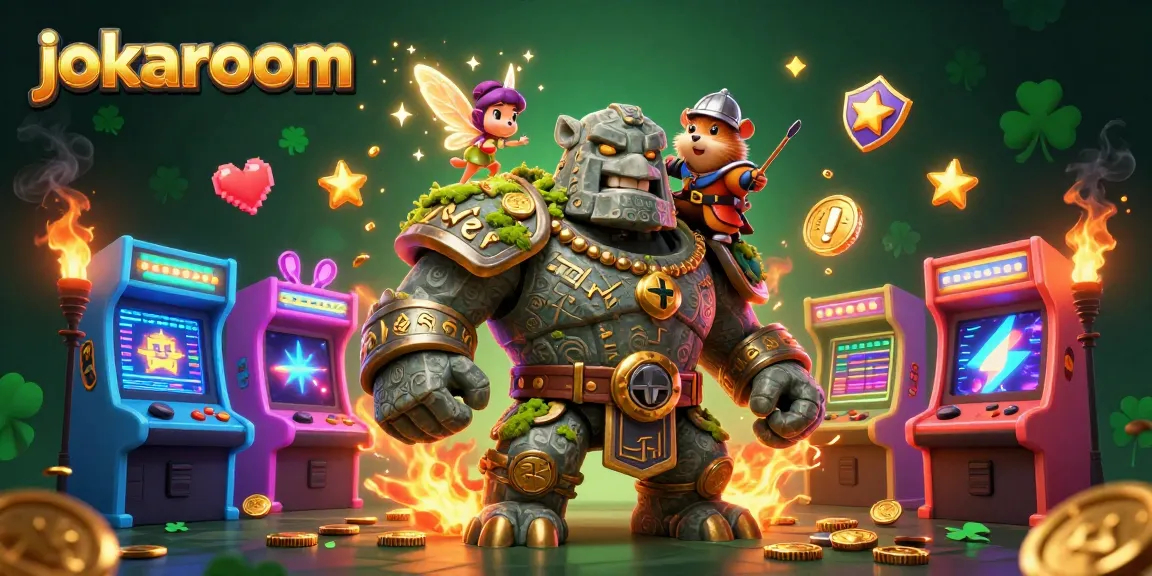 Experience the magic of jokaroom with a vibrant scene featuring fairy magic and a stone golem guardian.