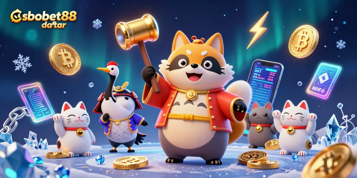 Experience sbobet88 daftar with a vibrant illustration showcasing cheerful characters amidst crypto and gaming elements.