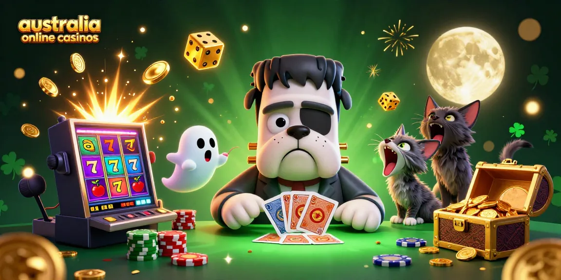 Engaging scene of a Frankenstein bulldog dealing cards in australia online casinos with vibrant gaming elements.
