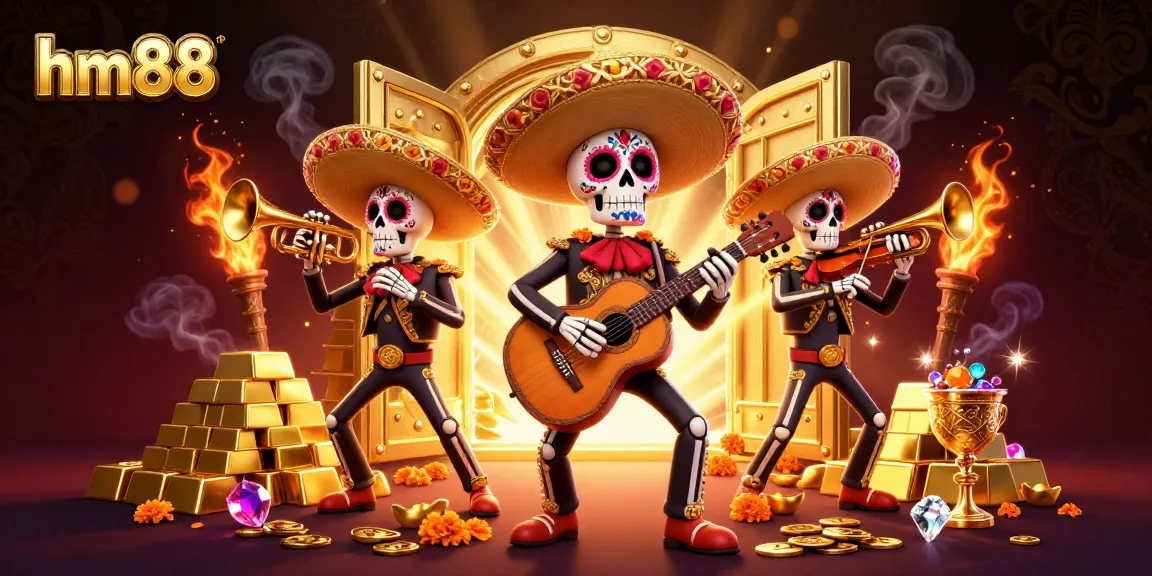 Experience the vibrant world of hm88 as skeleton mariachi players perform amidst treasures, embodying online casino excitement.