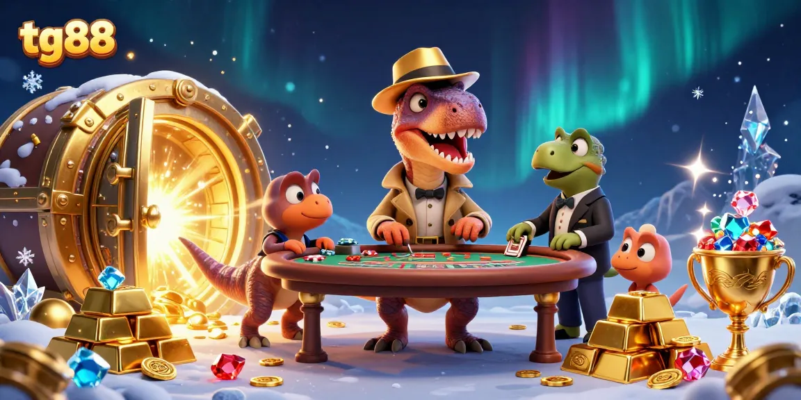 Tg88 velociraptor card counter at a blackjack table, surrounded by gold and gemstones for a vibrant casino atmosphere.