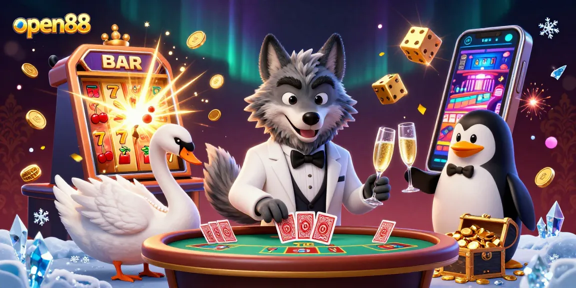 Experience open88 with a vibrant 3D casino scene featuring charming characters and explosive jackpot elements.