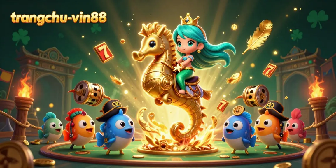 Experience the excitement at trangchu-vin88 with a vibrant 3D casino scene, featuring slots and a colorful mermaid princess.