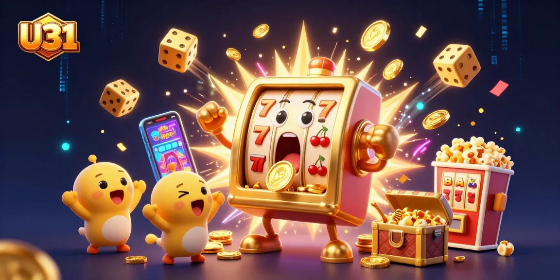 Engage with U31's thrilling action as the golden slot machine hits a jackpot surrounded by vibrant casino elements.