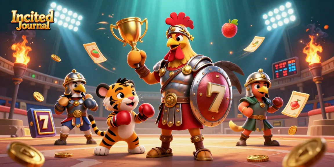 Engage in thrilling casino action with the Incited Journal’s gladiator rooster, showcasing slot reels and golden elements.