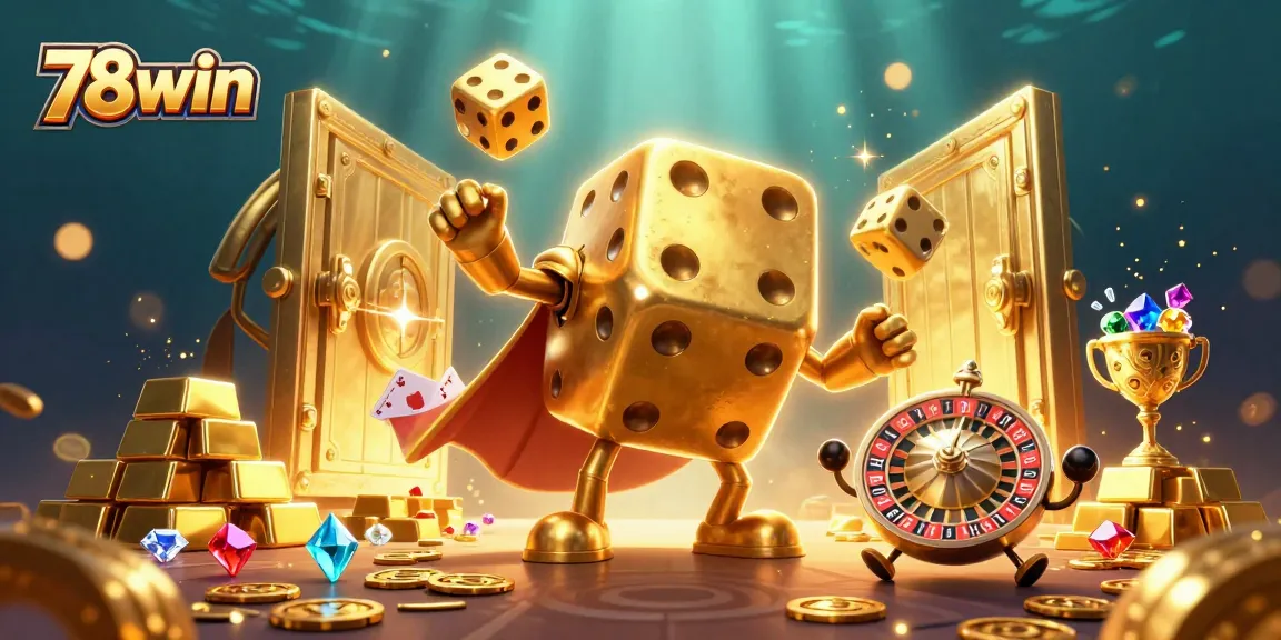 Engage with 78win as the golden dice mascot juggles treasures in a vibrant casino scene.