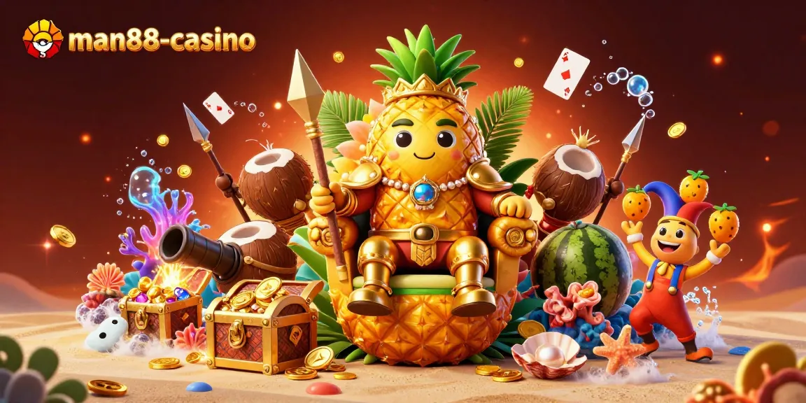 Engage with man88-casino’s colorful beach scene featuring a pineapple king and vibrant casino elements.