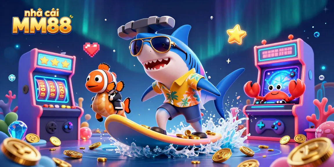 nhà cái MM88 offers thrilling gaming with a vibrant scene featuring 3D characters and casino elements.