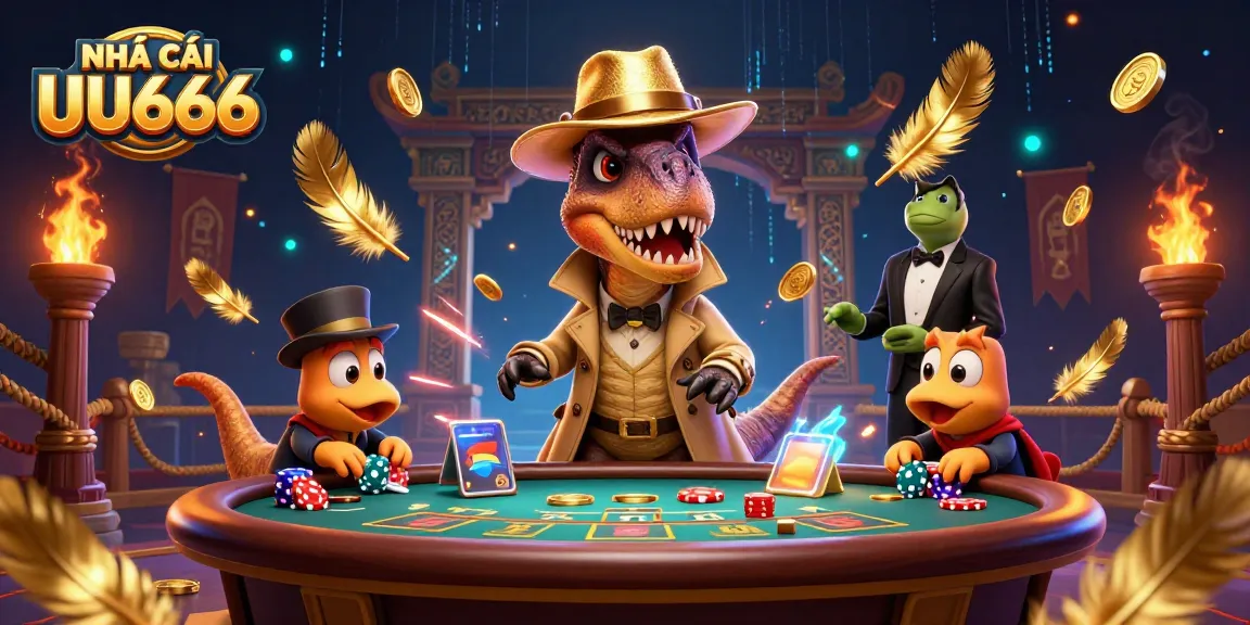 Experience thrilling gameplay at NHÀ CÁI UU666 with a cartoon velociraptor at a blackjack table.