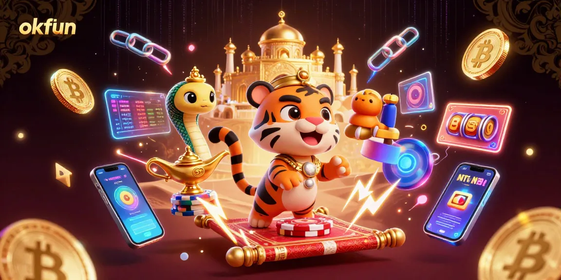 Experience the magic of okfun with a tiger sultan on a poker chip carpet amidst vibrant casino elements.