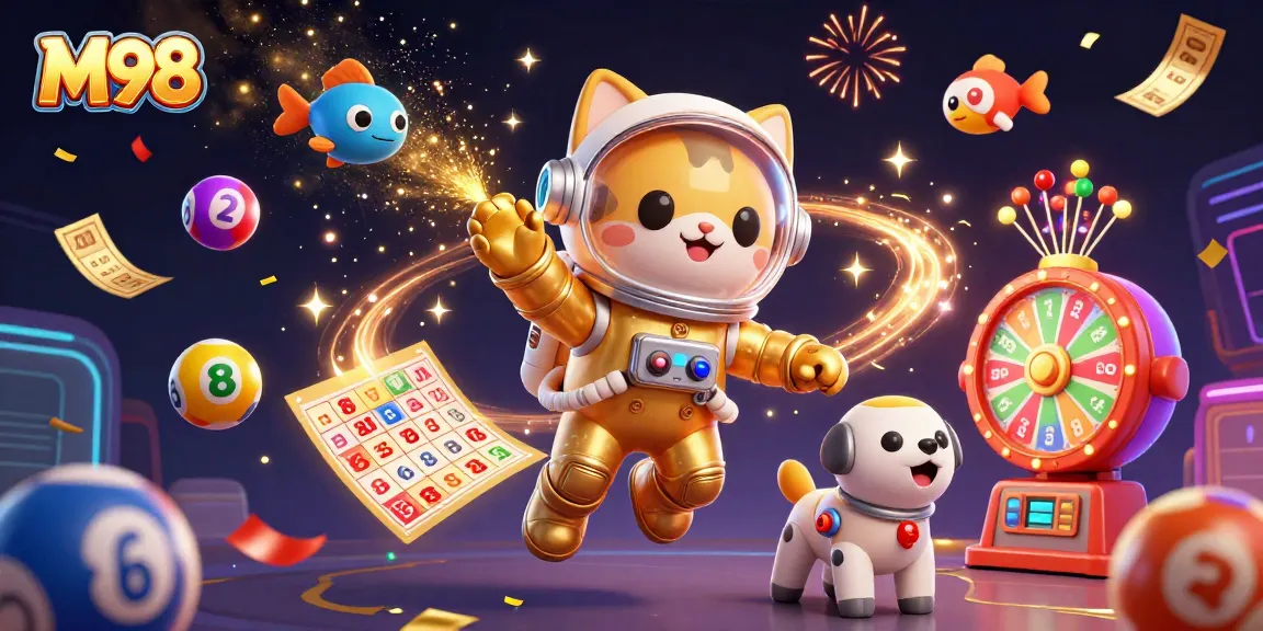 M98 engages players with a vibrant 3D illustration of an astronaut cat and explosive casino elements.