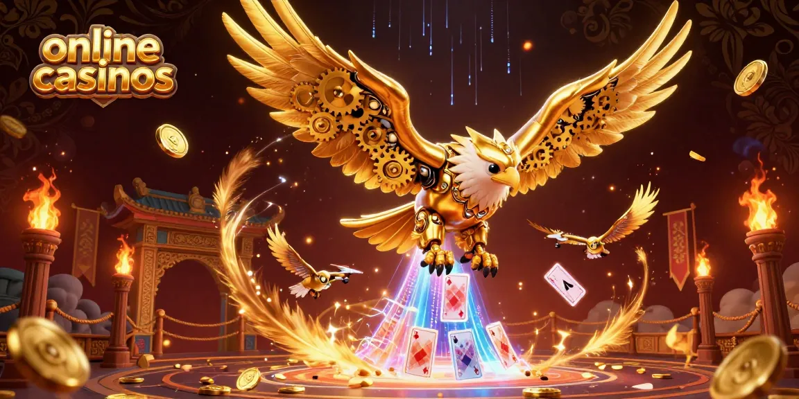 Explore thrilling online casinos with a cybernetic eagle amidst cascading holographic cards.
