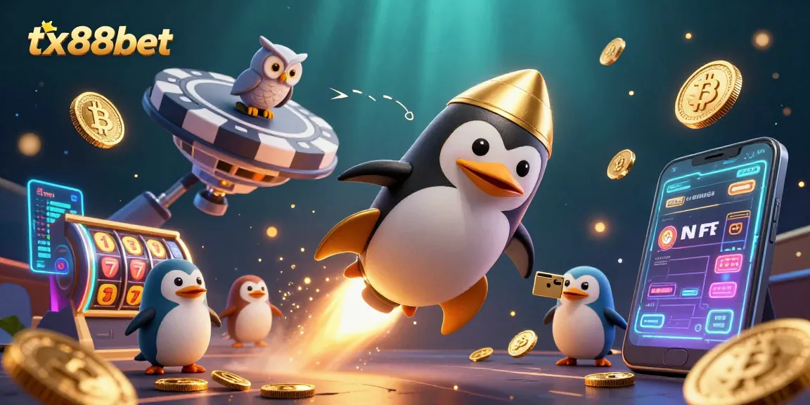 Experience the thrill of tx88bet as the golden penguin navigates vibrant casino space.