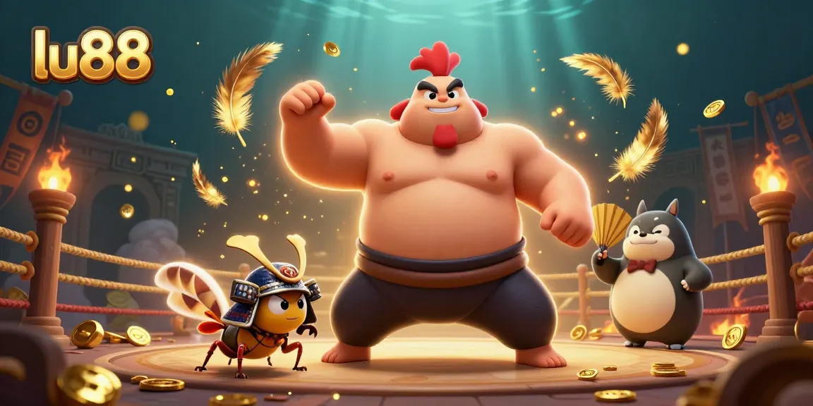 Experience thrilling action with lu88 as a sumo wrestler rooster stomps in this dynamic casino illustration.
