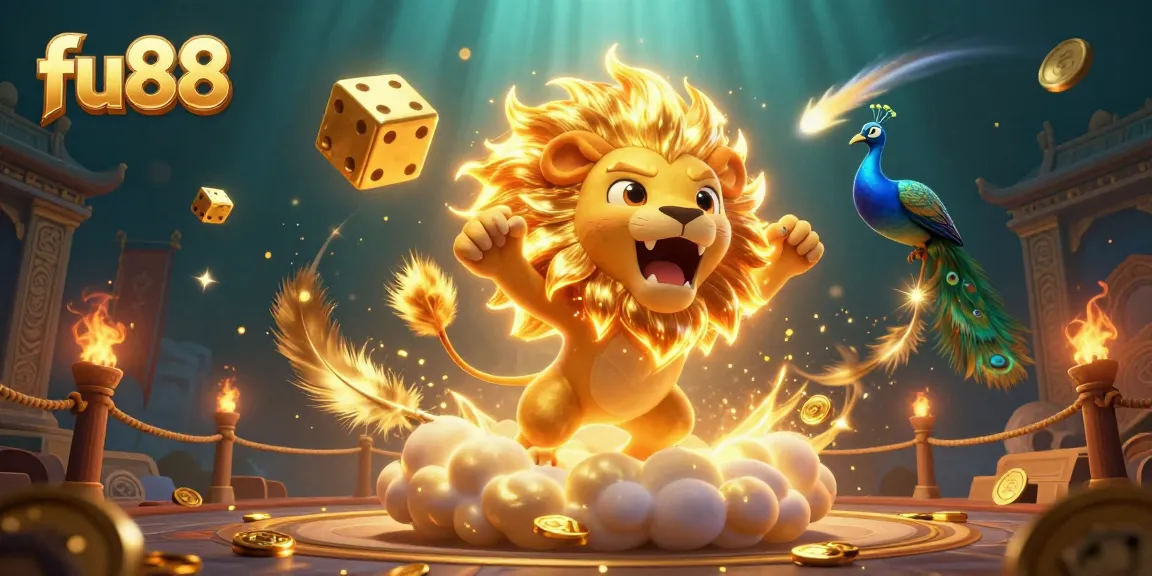 fu88 features a roaring lion and golden dice illustrating vibrant casino energy and excitement