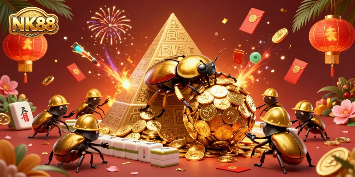 Engage with NK88's exciting online casino experience featuring vibrant elements like golden coins and mahjong tiles.