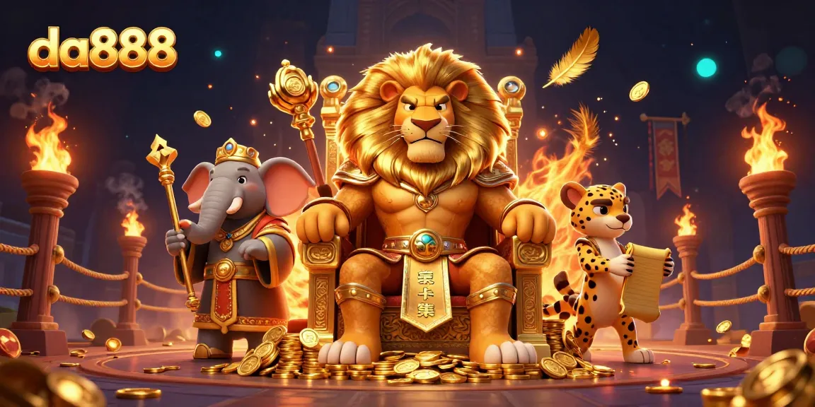 Join the king at da888 in a vibrant scene filled with gold coins and dynamic casino elements.