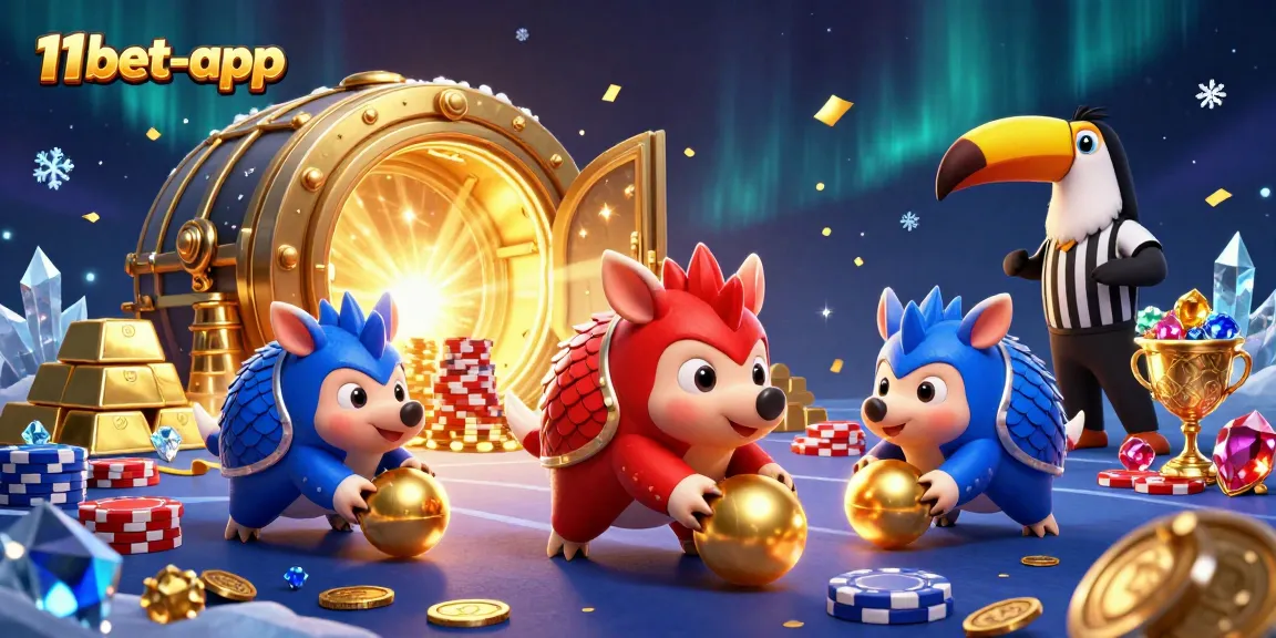 The 11bet-app showcases a vibrant scene of rival pangolins in action amidst poker chips and treasure.