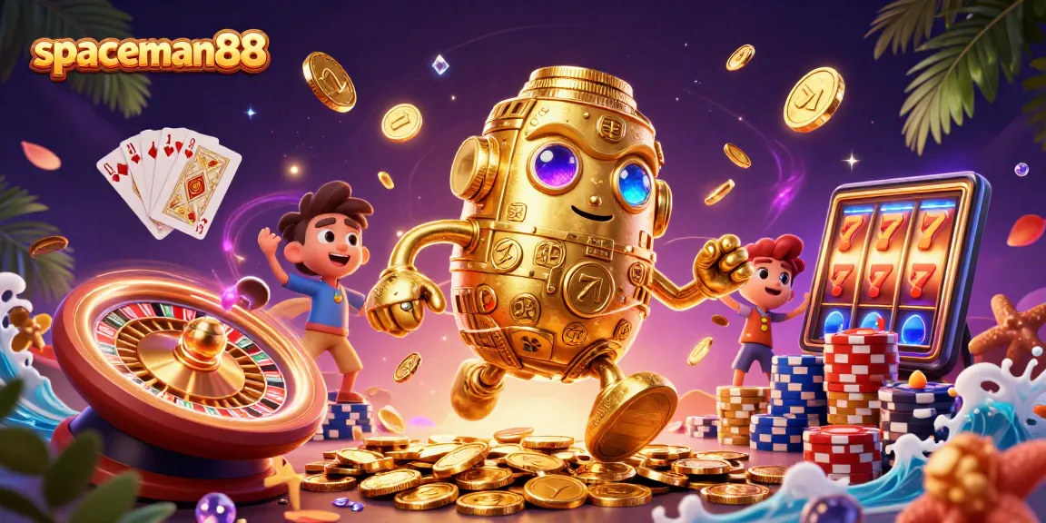 Spin to win at spaceman88 with a dazzling 3D golden golem amidst coins and slot symbols.