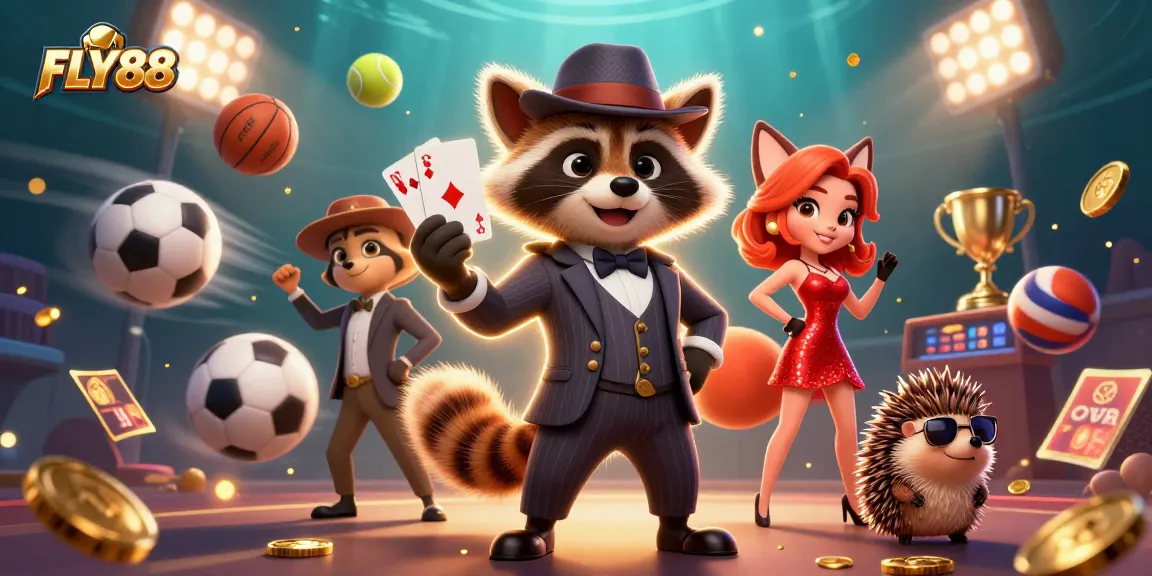 FLY88 offers thrilling gaming action with a raccoon showcasing a royal flush in an exciting casino scene.