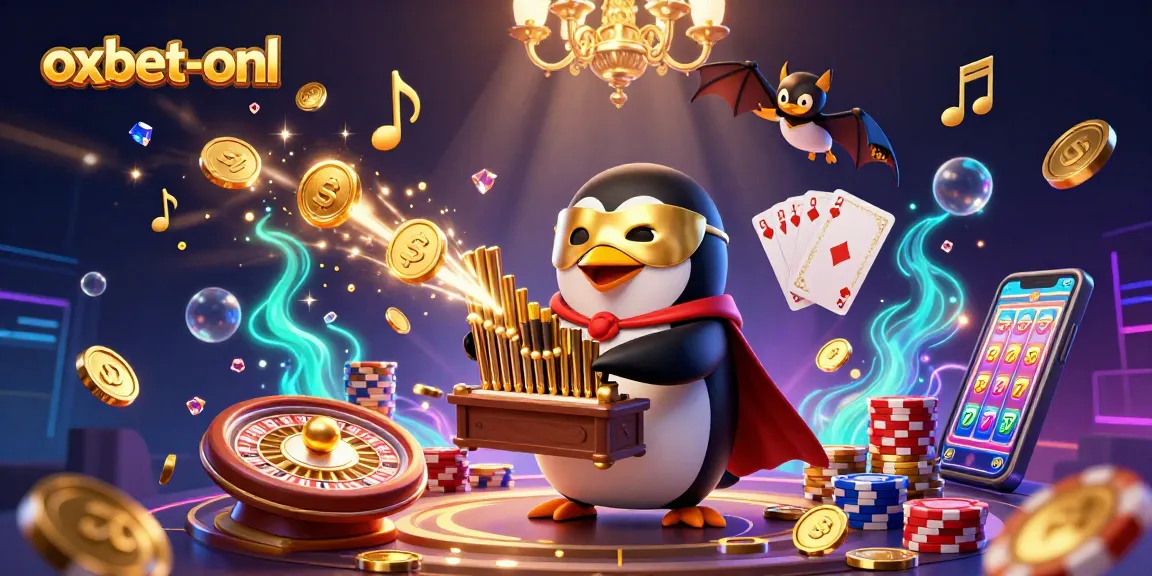 oxbet-onl reveals an exciting casino scene with a penguin playing an organ shooting coins.