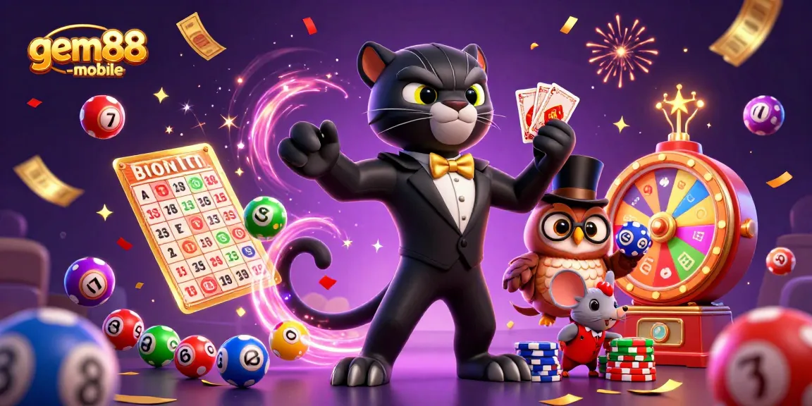 Experience gem88-mobile gaming excitement with a stylish panther dealing winning hands in a vibrant casino scene.